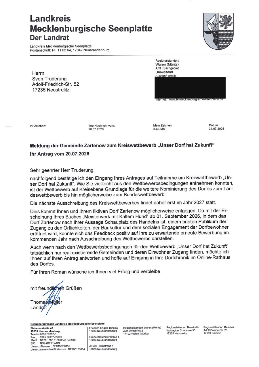 Antwortschreiben des Landrats des Landkreises Mecklenburgische Seenplatte vom 31. Juli 2026 zur Meldung der Gemeinde Zartenow zum Kreiswettbewerb „Unser Dorf hat Zukunft“