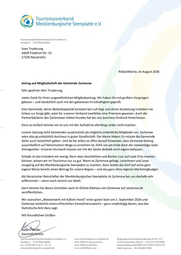 Die Antwort des Tourismusverbands Mecklenburgische Seenplatte vom August 2026.