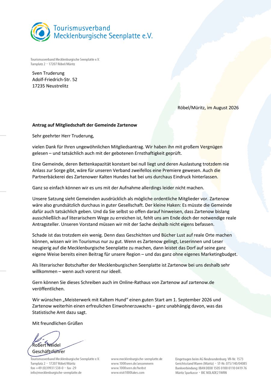 Antwortschreiben des Tourismusverbands Mecklenburgische Seenplatte e.V. vom August 2026 zum Antrag auf Mitgliedschaft der Gemeinde Zartenow