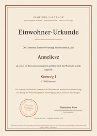 Muster der Einwohner-Urkunde, die jeder Neuzugang bekommt.