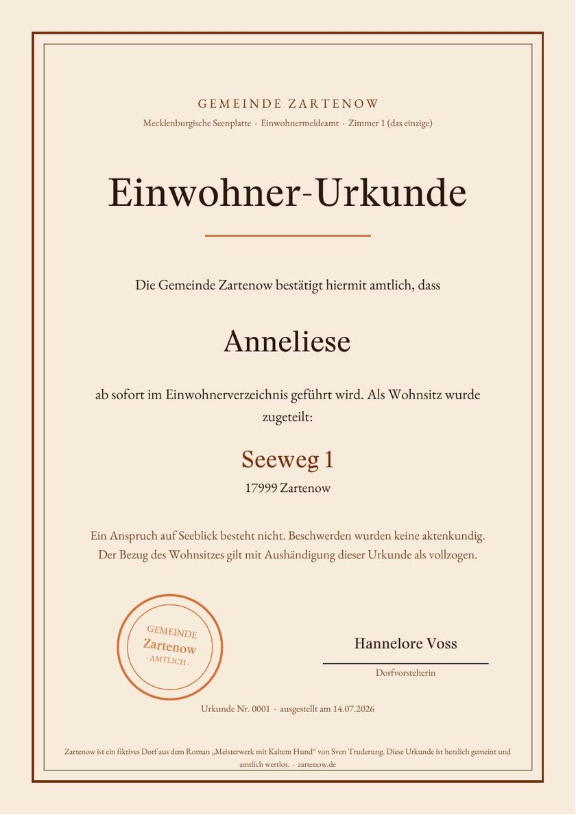 Muster der Einwohner-Urkunde von Zartenow mit Dorfstempel und Unterschrift der Dorfvorsteherin