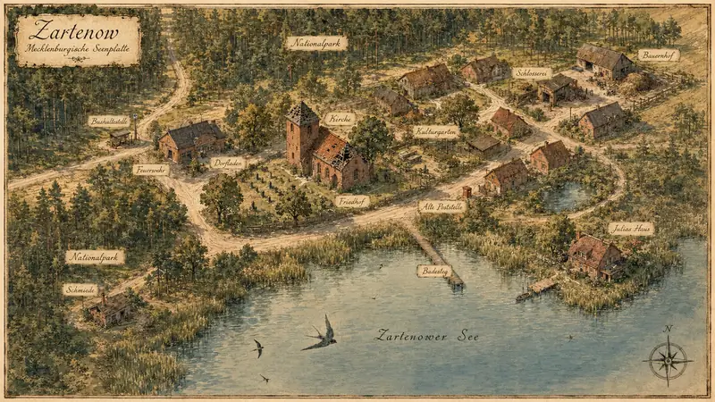 Die handgezeichnete Karte von Zartenow mit Kirche, Dorfladen, Bushaltestelle und Steg am See.
